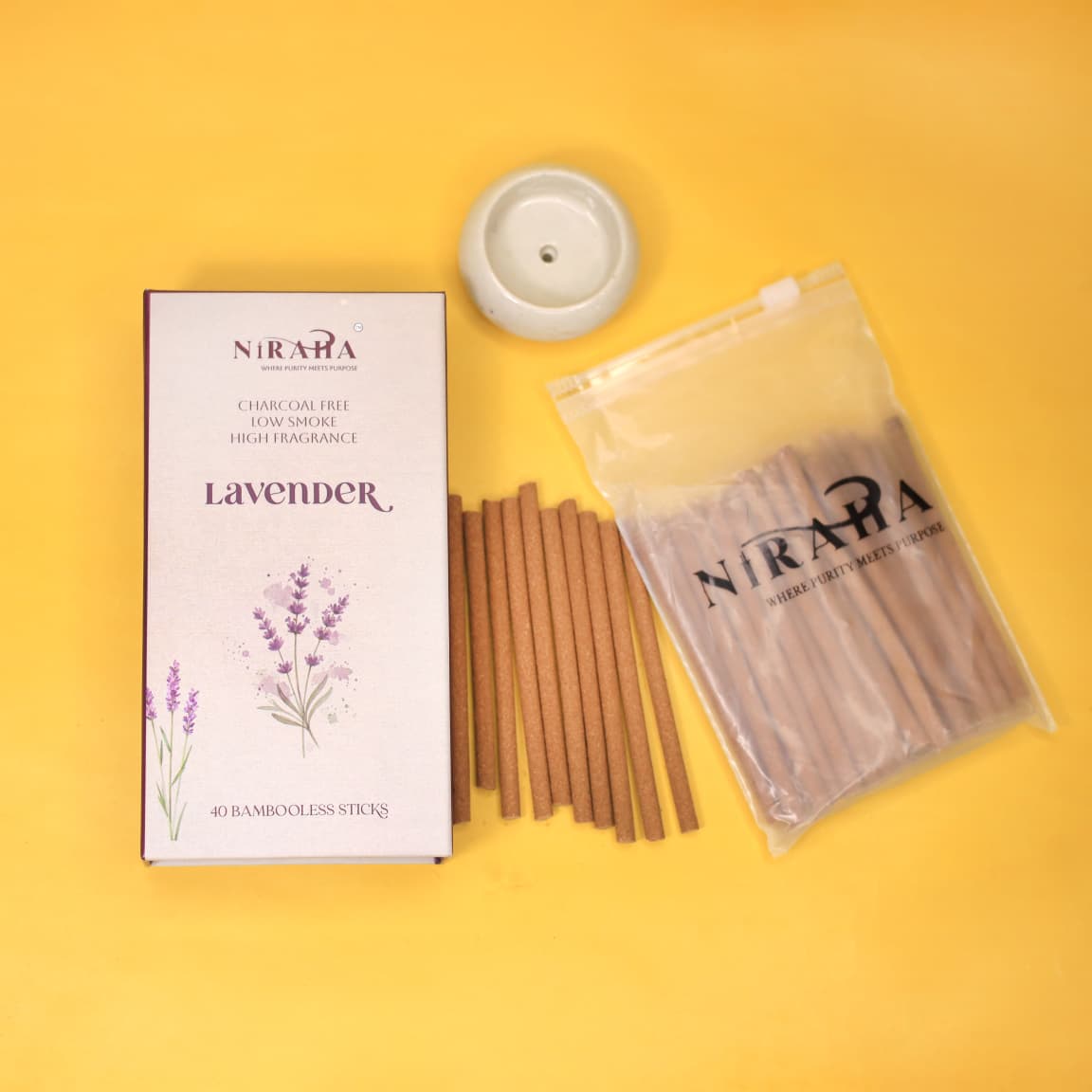 Niraha Lavender Incense Sticks – Charcoal Free, Low Smoke (40 Bambooless Sticks)
