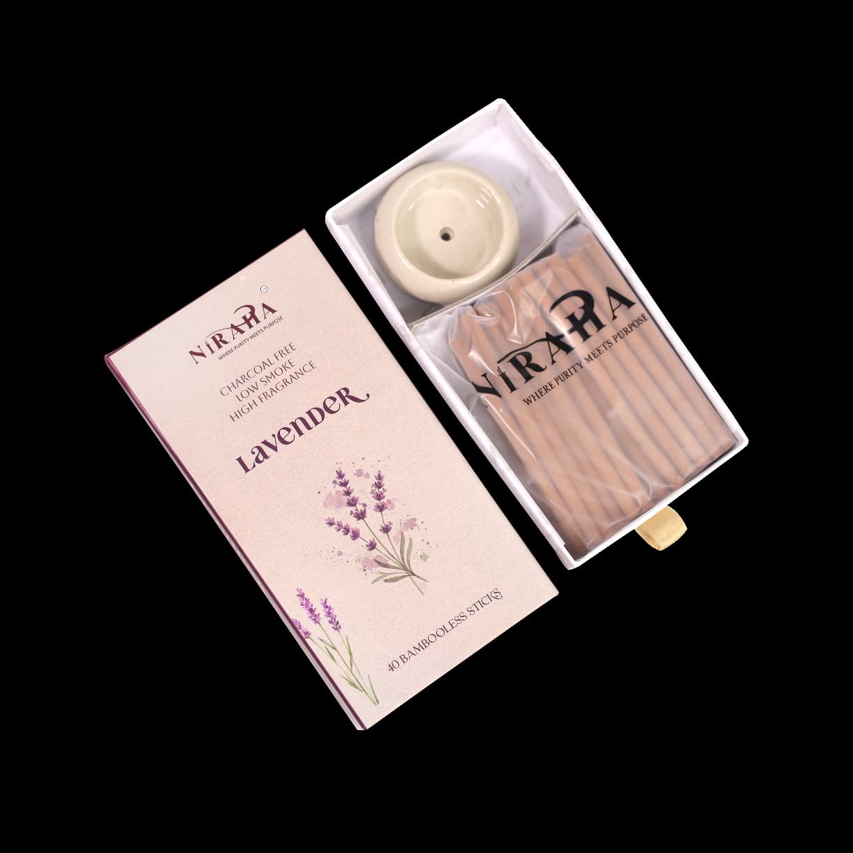 Niraha Lavender Incense Sticks – Charcoal Free, Low Smoke (40 Bambooless Sticks)