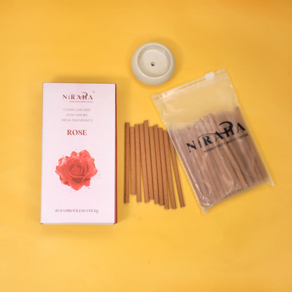 Niraha Rose Incense Sticks – Charcoal Free, Low Smoke (40 Sticks)