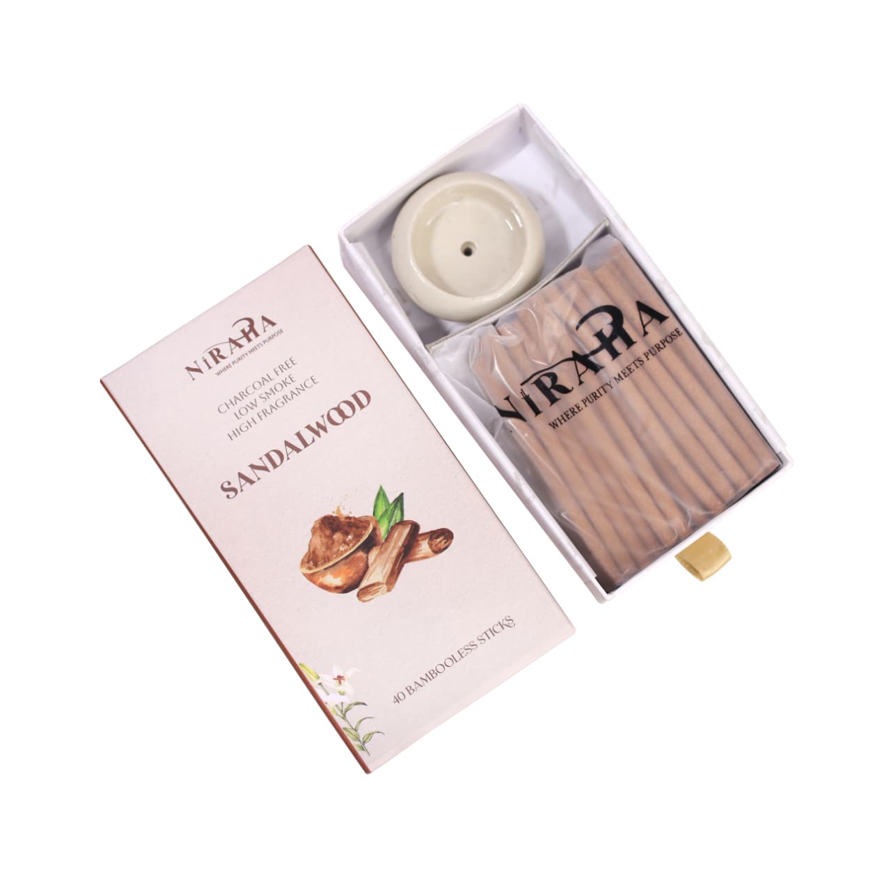 Niraha Sandalwood Incense Sticks – Charcoal Free, Low Smoke 40 Sticks