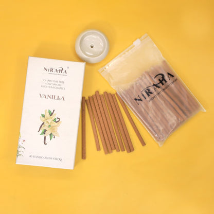 Niraha Vanilla Incense Sticks – Charcoal Free, Low Smoke (40 Bambooless Sticks)