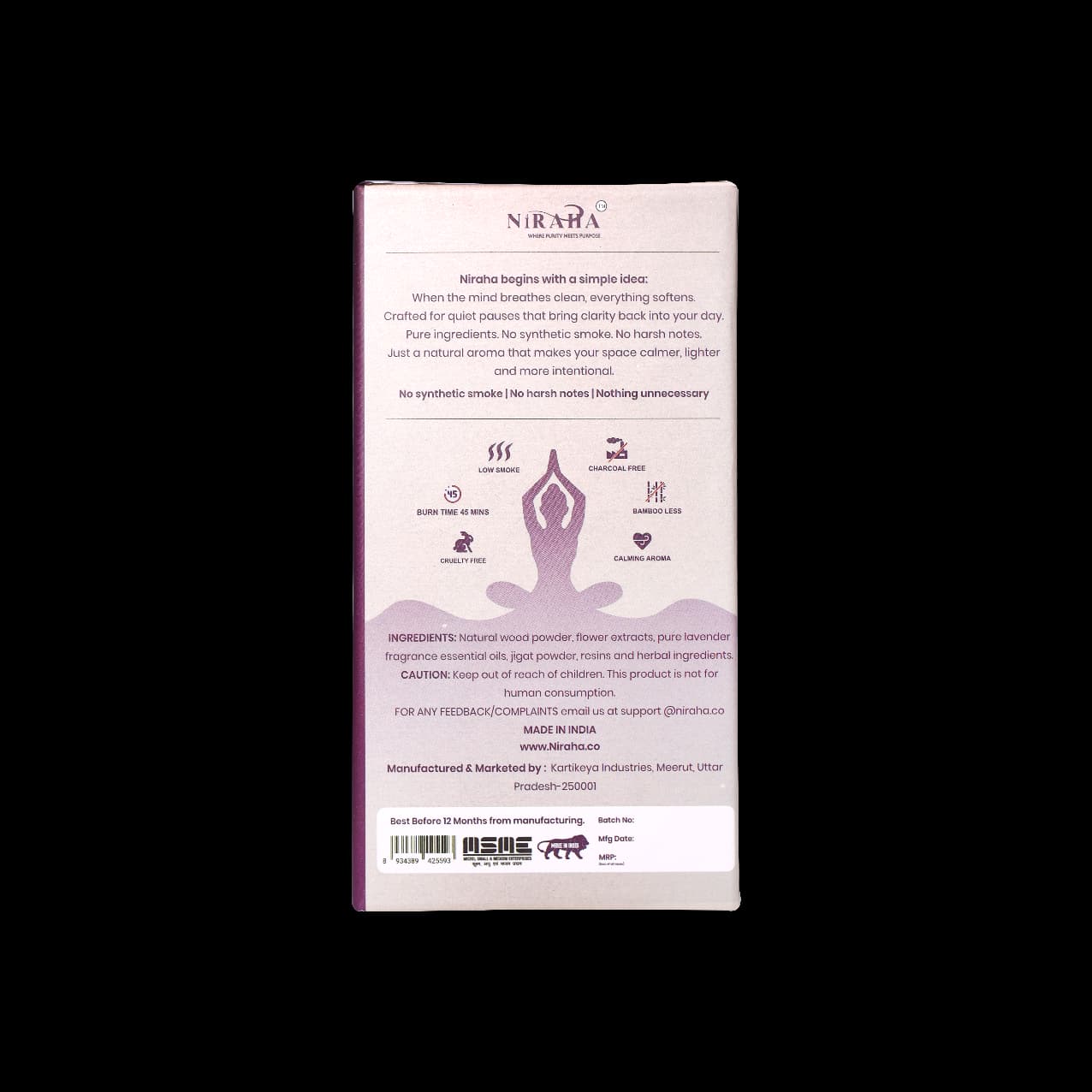 Niraha Lavender Incense Sticks – Charcoal Free, Low Smoke (40 Bambooless Sticks)