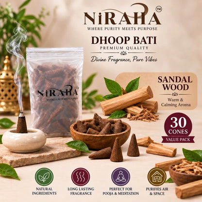 NiRAHA Sandalwood Dhoop Batti – 30 Cones Value Pack