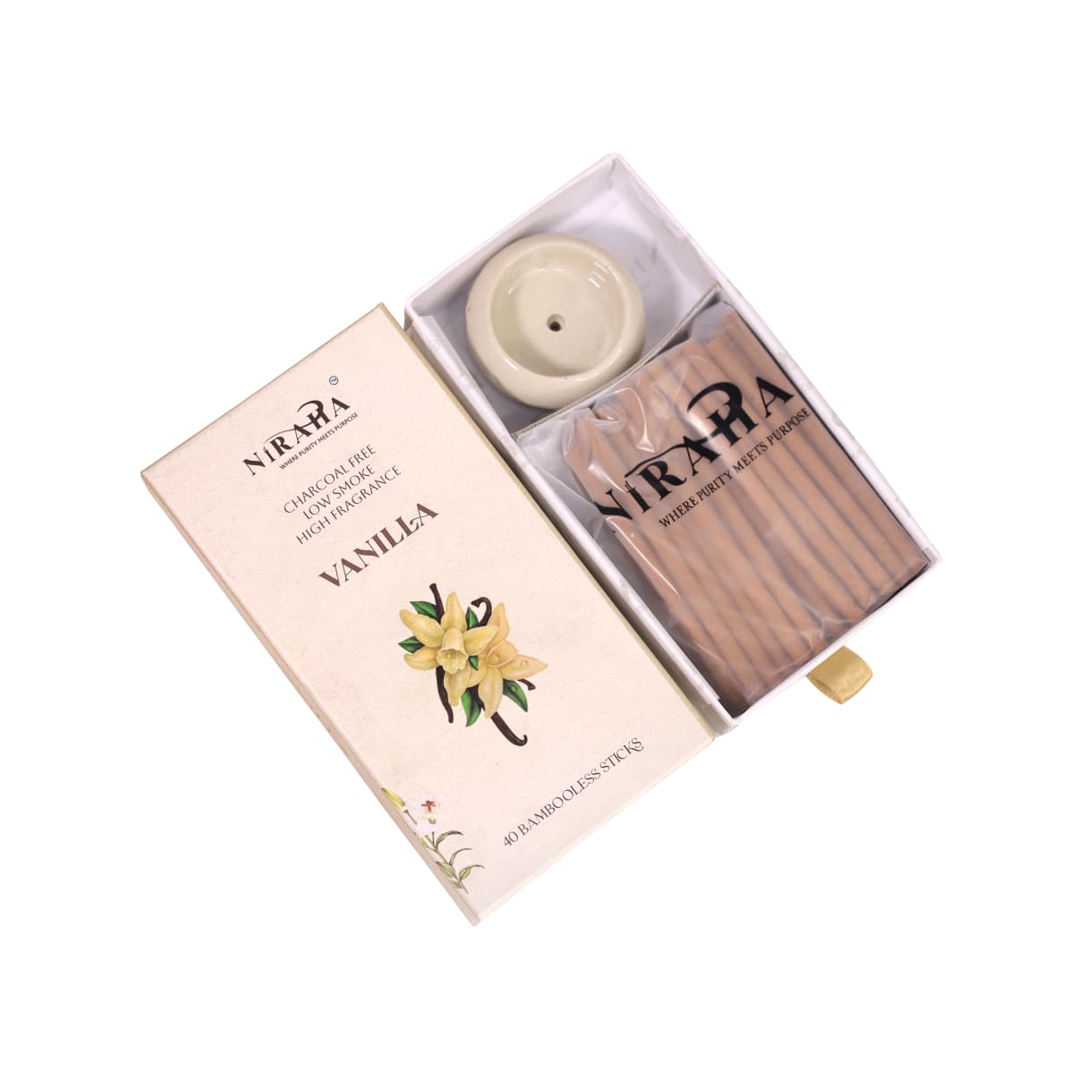 Niraha Vanilla Incense Sticks – Charcoal Free, Low Smoke (40 Bambooless Sticks)