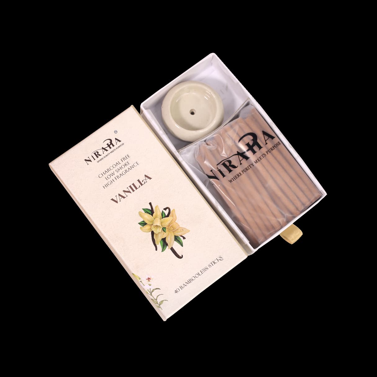 Niraha Vanilla Incense Sticks – Charcoal Free, Low Smoke (40 Bambooless Sticks)